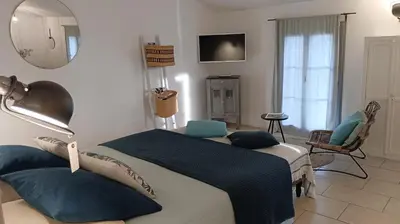 a bedroom with a bed with a blue blanket and a mirror at Vue imprenable sur la Sorgue in LʼIsle-sur-la-Sorgue