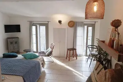 a bedroom with a bed and a living room at Vue imprenable sur la Sorgue in LʼIsle-sur-la-Sorgue