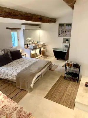 a bedroom with a large bed and a bath tub at La Petite Cave in Saignon