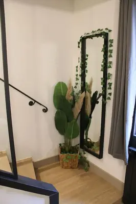 a mirror and a potted plant on a wall at Chez Franck et Gisele in LʼIsle-sur-la-Sorgue