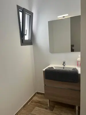 a bathroom with a sink and a mirror at Les jardins de la Gravière à 5 mn de Lourmarin avec piscine privée in Puyvert