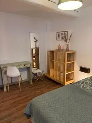 a bedroom with a desk and a bed and a desk at 