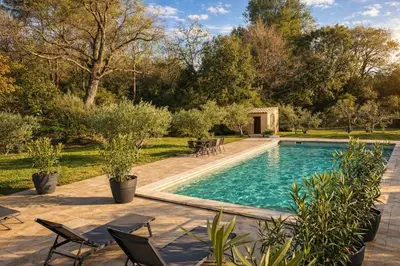 a swimming pool in a yard with chairs and trees at Studio cosy à Lagnes avec Piscine au milieu des oliviers in Lagnes