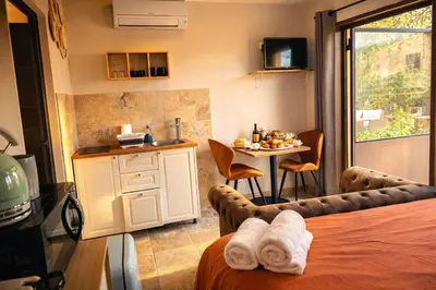 a bedroom with a bed and a couch and a kitchen at Studio cosy à Lagnes avec Piscine au milieu des oliviers in Lagnes