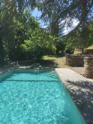 a swimming pool with blue water in a yard at Les Grottes in Sivergues