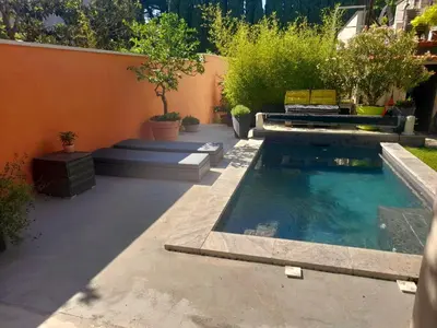 a swimming pool with a pot of flowers next to it at MAS DE VILLE AVEC PISCINE DANS SON COCON DE VERDURE - ESPRIT INDUSTRIEL in Carpentras