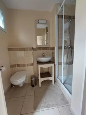 a bathroom with a toilet and a sink and a shower at Maison 3 pièces domaine golf Pont Royal in Mallemort