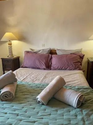 a bed with two pillows on top of it at La Ferme l'Etang in Vachères
