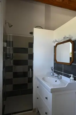 a bathroom with a sink and a mirror and a shower at Gîte Bienvenue Chez Nous in Ménerbes