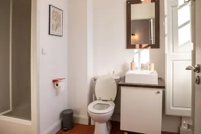 a white bathroom with a toilet and a sink at Superbe appartement rénové et cosy à 10mn de Saint-Rémy de Provence in Noves