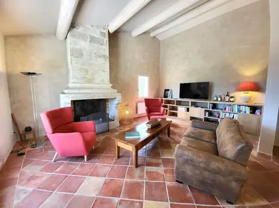 a living room with a couch and a fireplace at Chante Coucou in Saint-Saturnin-les-Apt