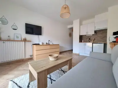 a living room with a table and a kitchen at Les studios d'Aurélia - Grand Théâtre de Provence in Aix-en-Provence