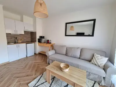 a living room with a couch and a table at Les studios d'Aurélia - Grand Théâtre de Provence in Aix-en-Provence