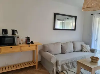 a living room with a couch and a television at Les studios d'Aurélia - Grand Théâtre de Provence in Aix-en-Provence