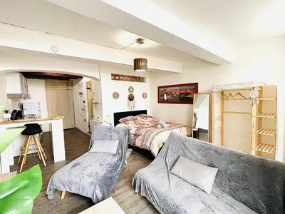 a living room with a bed and a couch at *Le Sahara*Hyper Centre*Wifi* in Salon-de-Provence