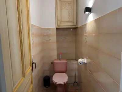 a bathroom with a pink toilet and a cabinet at La Meynardière in Saint-Pierre-de-Vassols