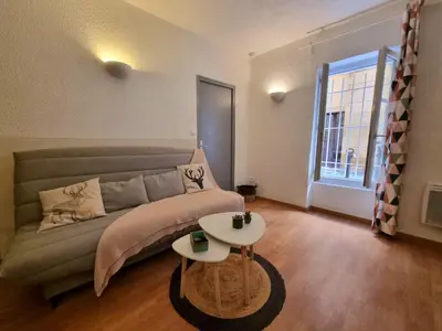 a living room with a couch and a table at Appartement centre historique in Aix-en-Provence
