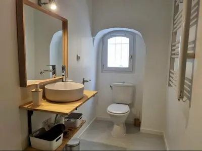 a bathroom with a sink and a toilet and a mirror at Appartement centre historique in Aix-en-Provence