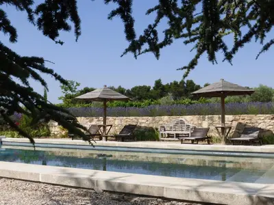 a swimming pool with two umbrellas and lounge chairs at Domaine du Coffre in Pertuis