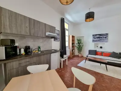 a kitchen and living room with a table and chairs at Studio centre historique 1 in Aix-en-Provence