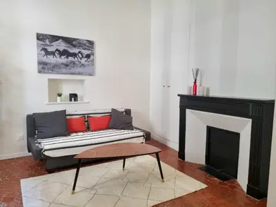 a living room with a couch and a fireplace at Studio centre historique 1 in Aix-en-Provence